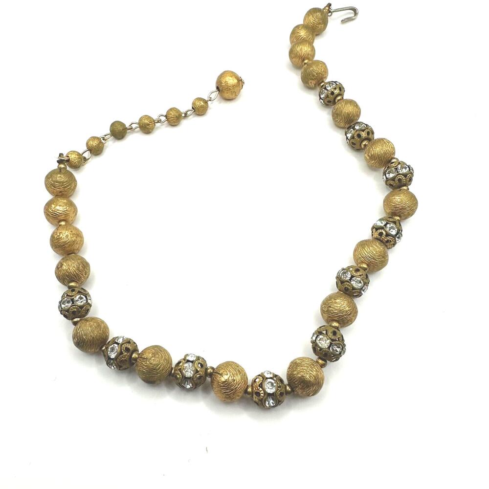 Vintage Brushed Textured Gold Tone Ball Bead Chocker Necklace 14" Clasp VTG